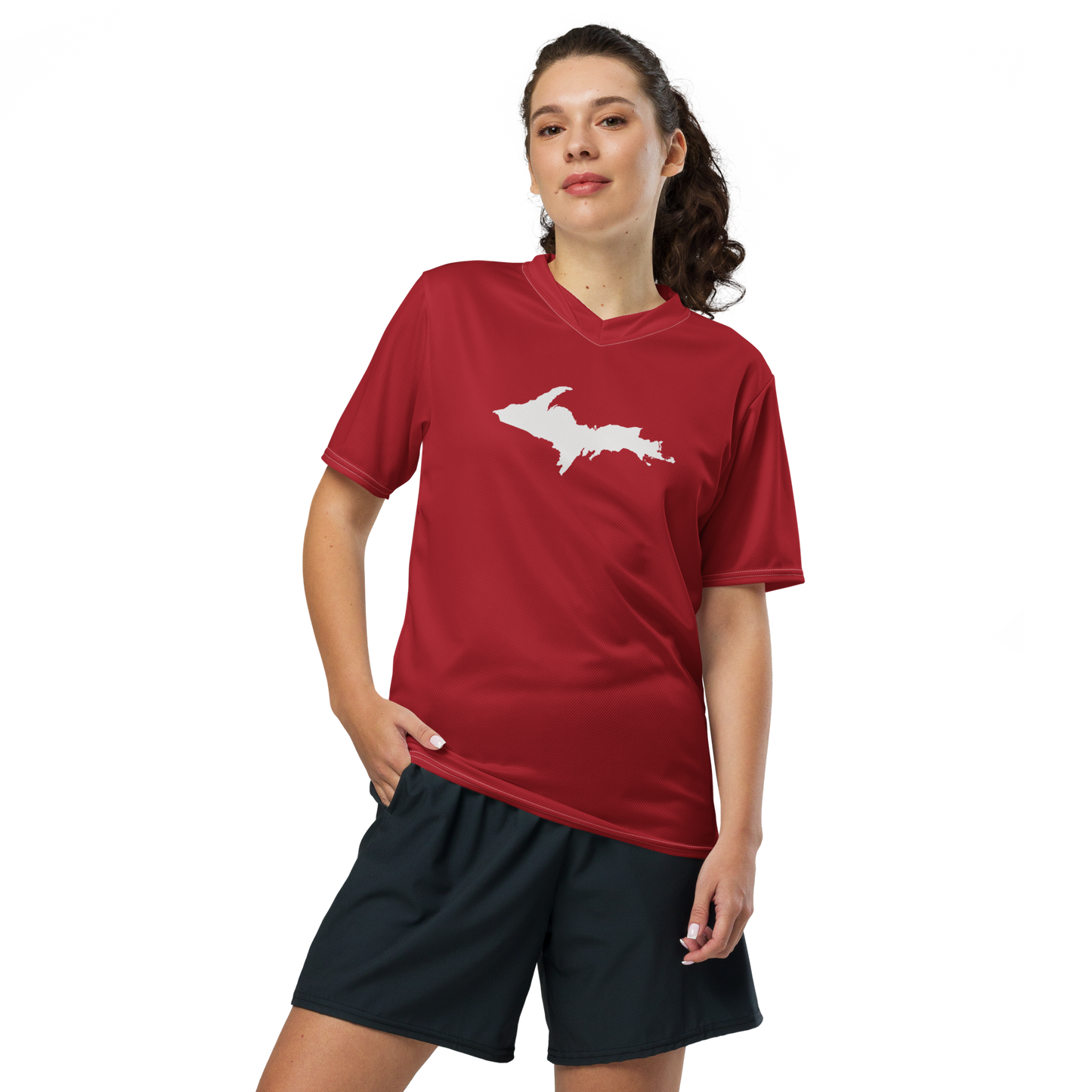 Michigan Upper Peninsula Soccer Jersey (w/ UP Outline) | Unisex - Thimbleberry Red