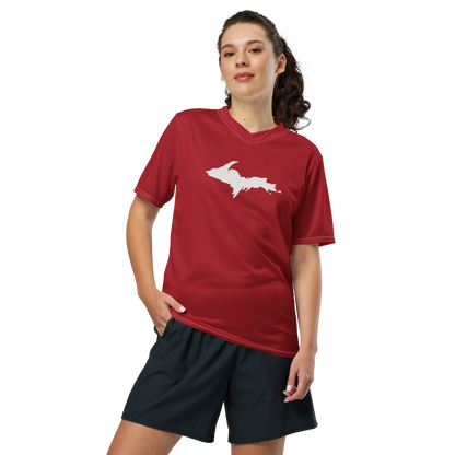 Michigan Upper Peninsula Soccer Jersey (w/ UP Outline) | Unisex - Thimbleberry Red