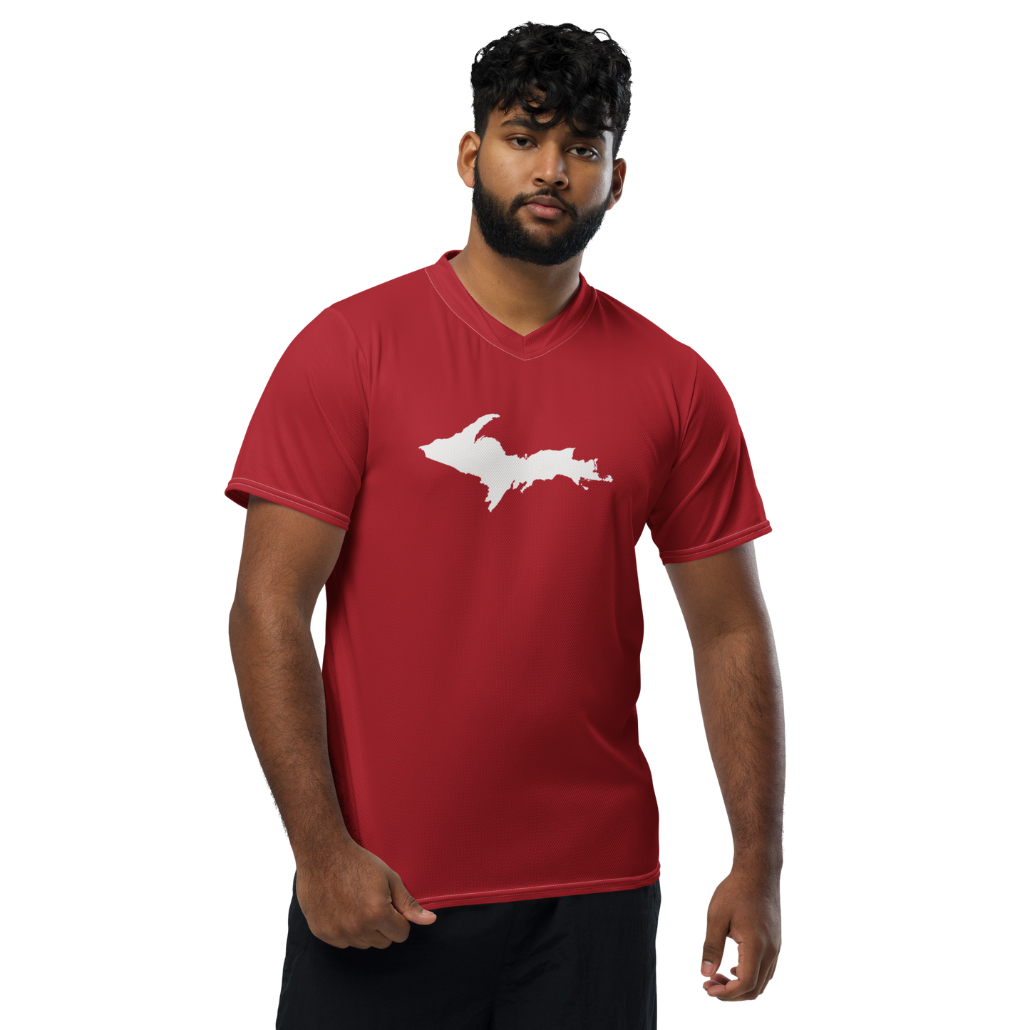 Michigan Upper Peninsula Soccer Jersey (w/ UP Outline) | Unisex - Thimbleberry Red