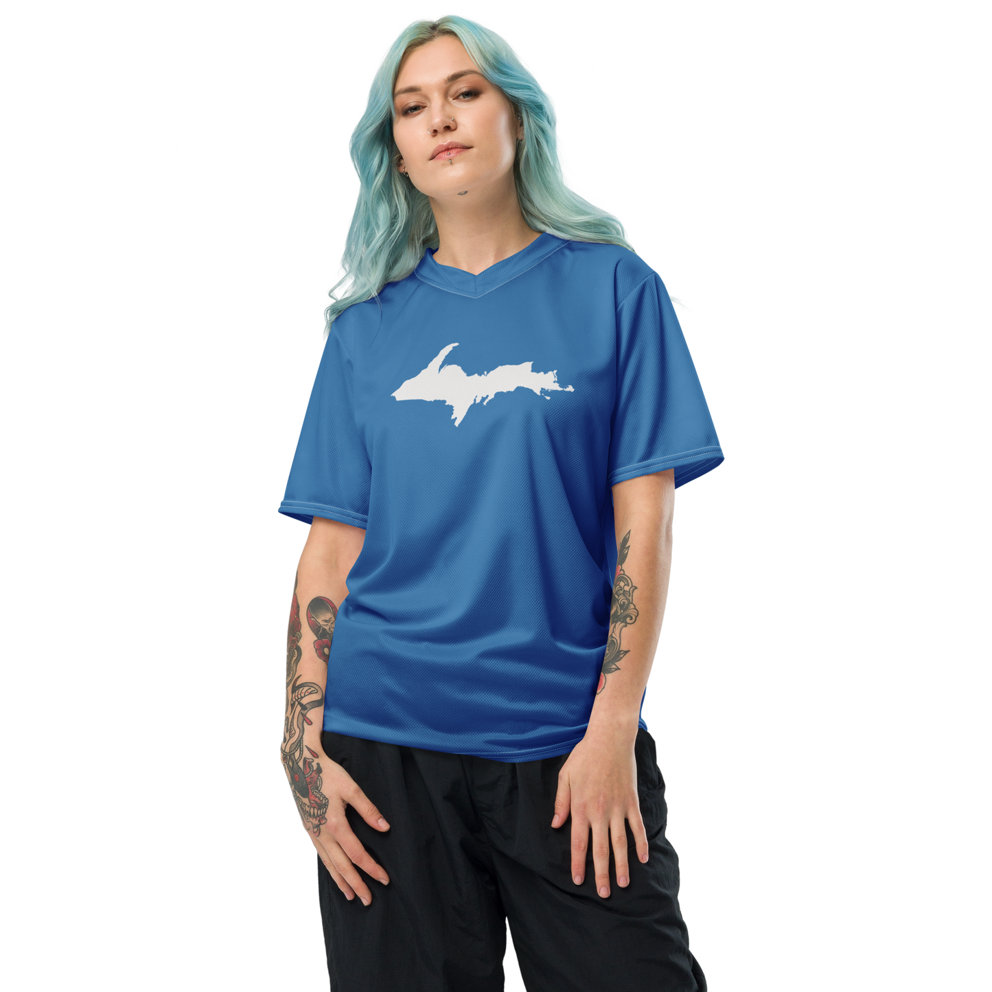 Michigan Upper Peninsula Soccer Jersey (w/ UP Outline) | Unisex - Lake Superior Blue