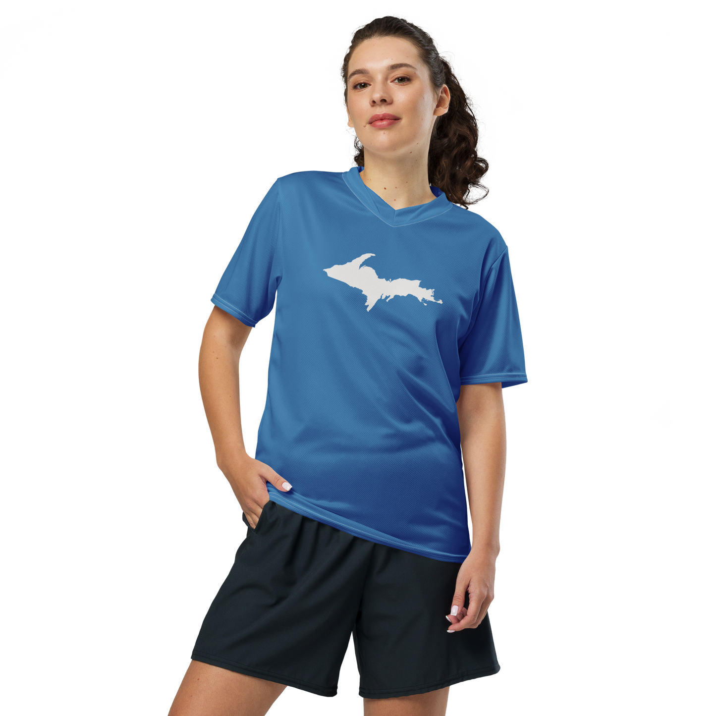 Michigan Upper Peninsula Soccer Jersey (w/ UP Outline) | Unisex - Lake Superior Blue