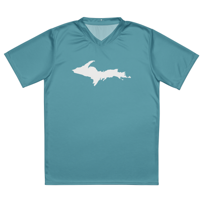 Michigan Upper Peninsula Soccer Jersey (w/ UP Outline) | Unisex - Lake Huron Blue