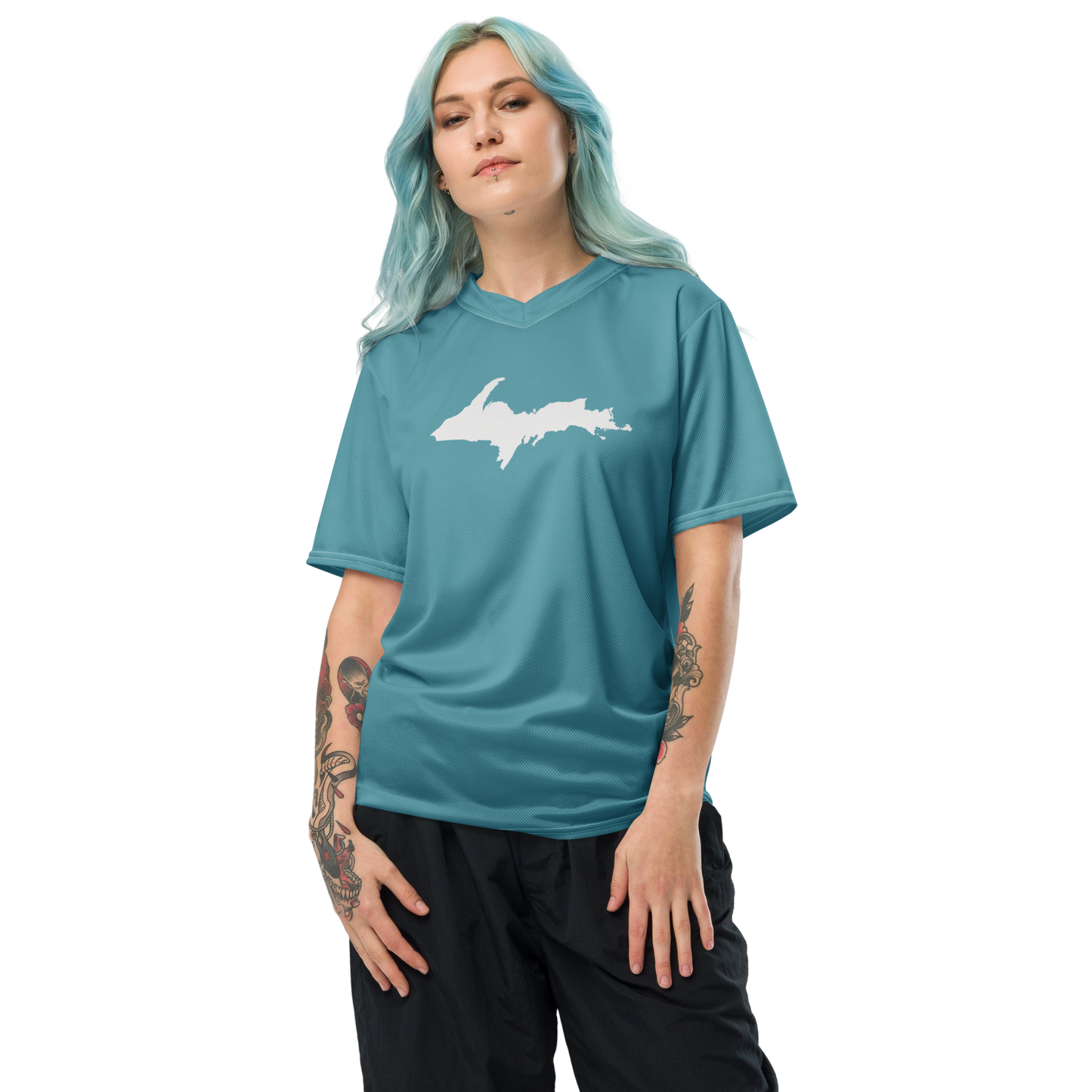 Michigan Upper Peninsula Soccer Jersey (w/ UP Outline) | Unisex - Lake Huron Blue