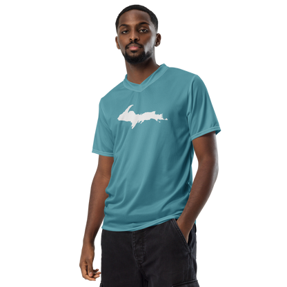 Michigan Upper Peninsula Soccer Jersey (w/ UP Outline) | Unisex - Lake Huron Blue