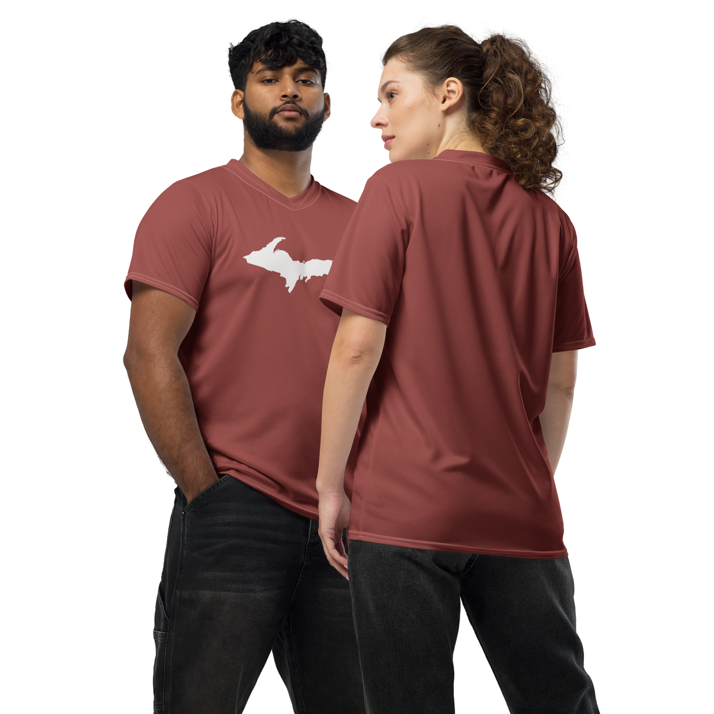 Michigan Upper Peninsula Soccer Jersey (w/ UP Outline) | Unisex - Ore Dock Red