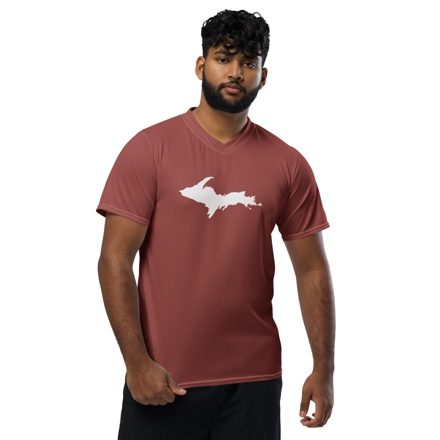 Michigan Upper Peninsula Soccer Jersey (w/ UP Outline) | Unisex - Ore Dock Red