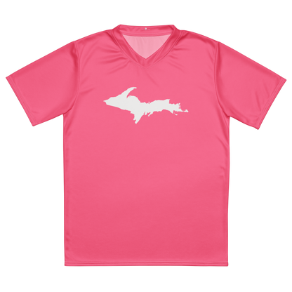 Michigan Upper Peninsula Soccer Jersey (w/ UP Outline) | Unisex - Rhodochrosite Pink