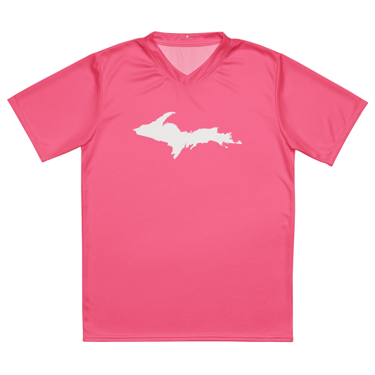 Michigan Upper Peninsula Soccer Jersey (w/ UP Outline) | Unisex - Rhodochrosite Pink