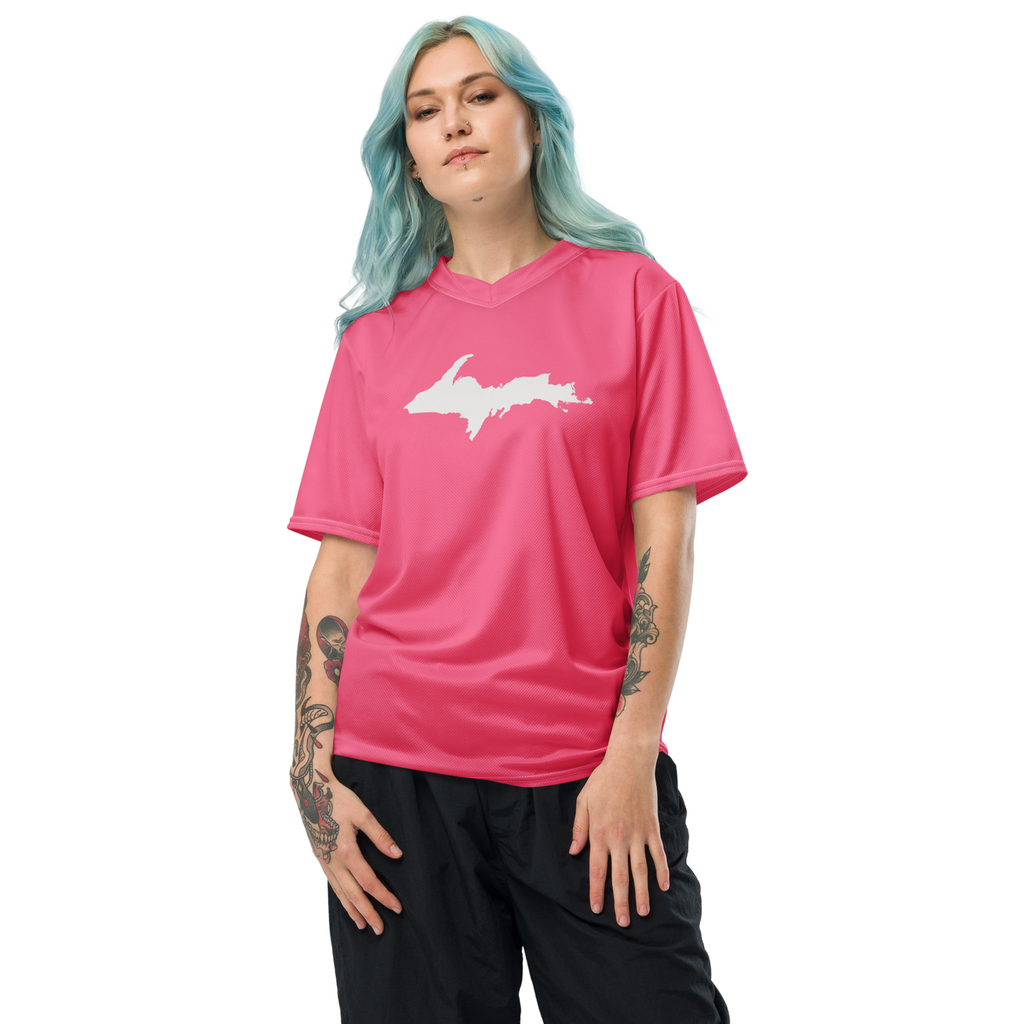 Michigan Upper Peninsula Soccer Jersey (w/ UP Outline) | Unisex - Rhodochrosite Pink