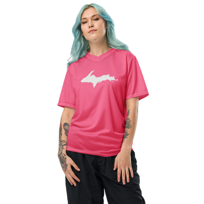 Michigan Upper Peninsula Soccer Jersey (w/ UP Outline) | Unisex - Rhodochrosite Pink