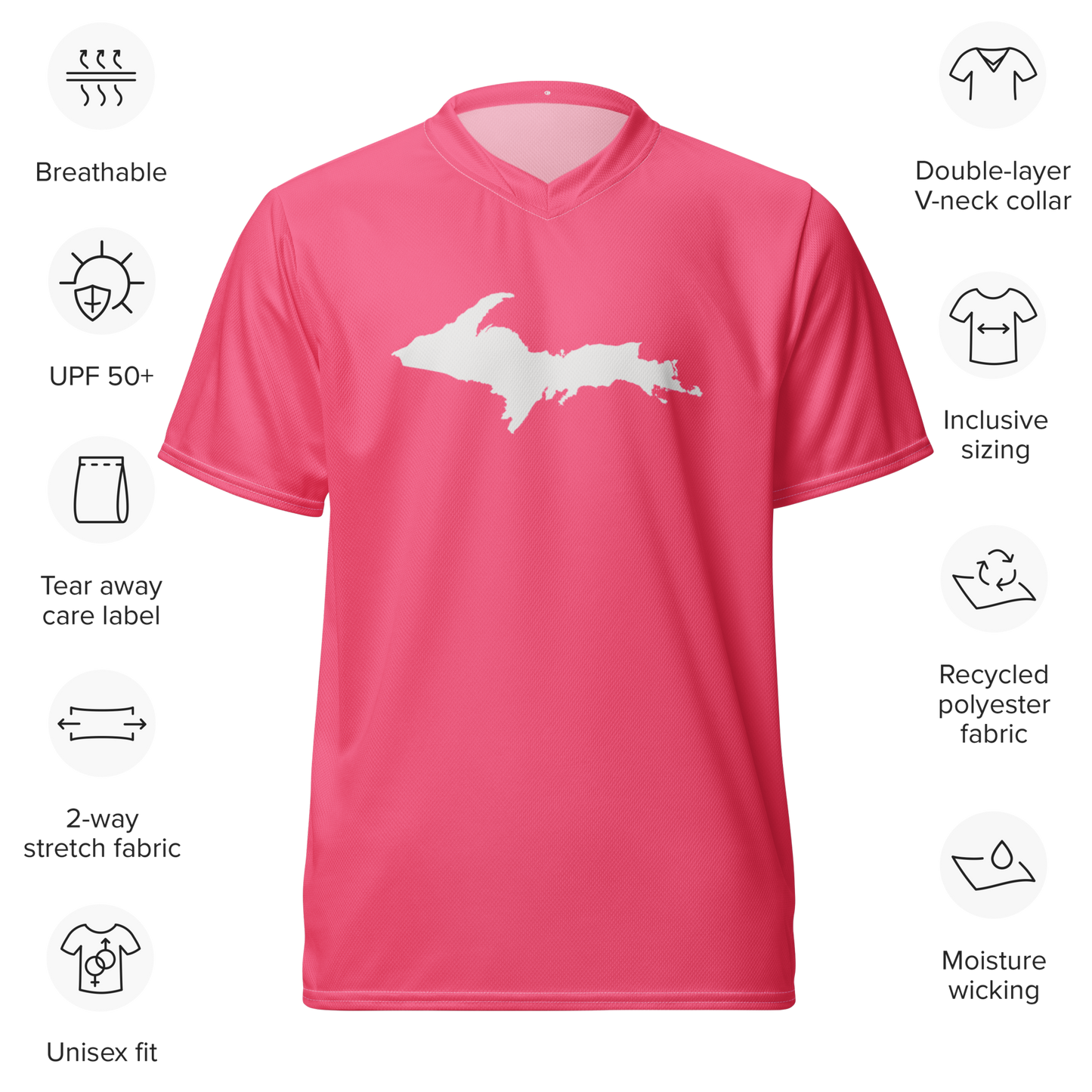 Michigan Upper Peninsula Soccer Jersey (w/ UP Outline) | Unisex - Rhodochrosite Pink