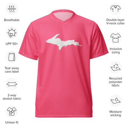 Michigan Upper Peninsula Soccer Jersey (w/ UP Outline) | Unisex - Rhodochrosite Pink