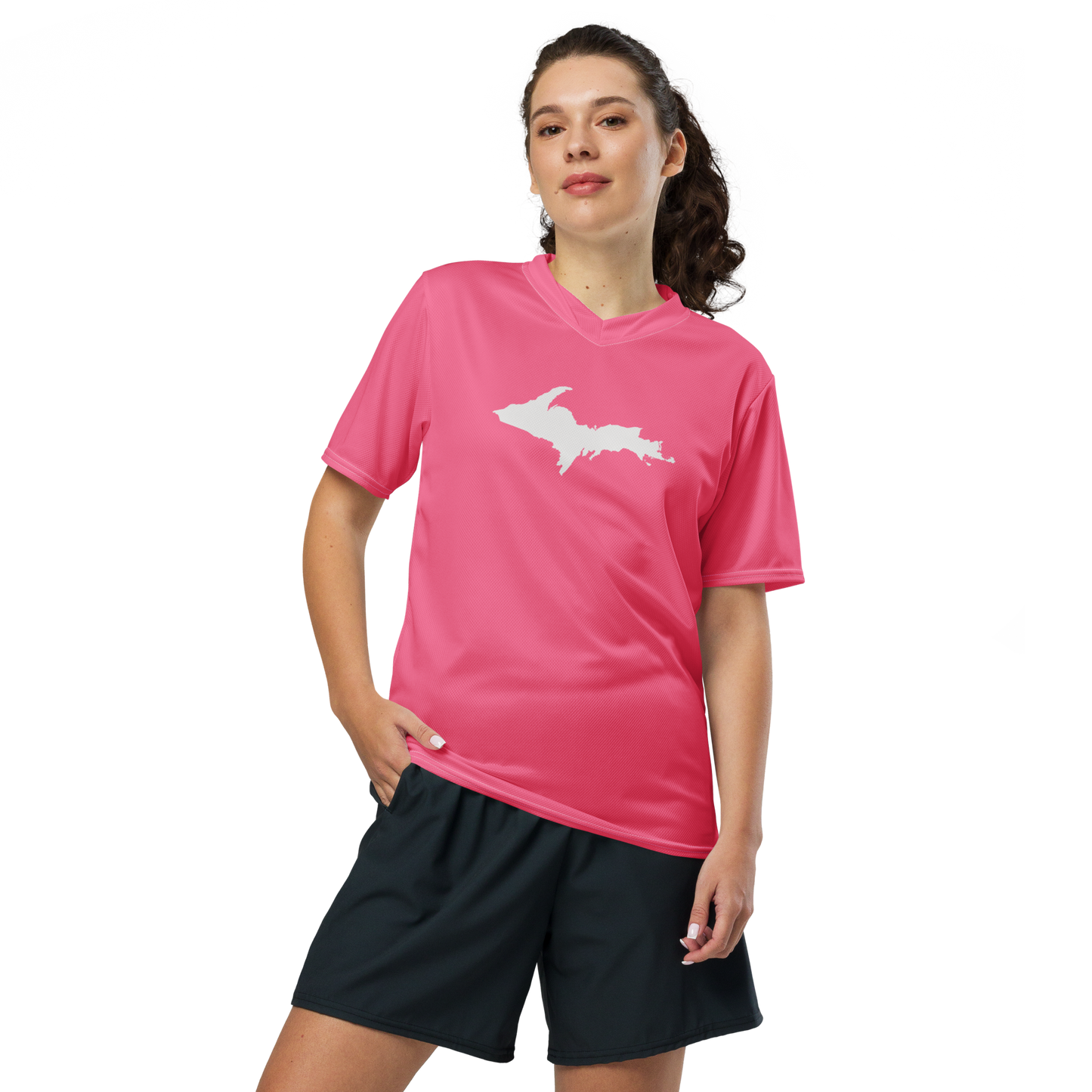 Michigan Upper Peninsula Soccer Jersey (w/ UP Outline) | Unisex - Rhodochrosite Pink