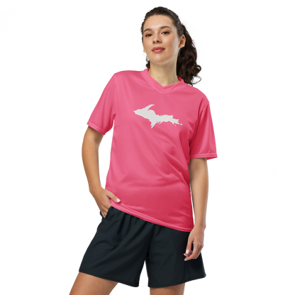 Michigan Upper Peninsula Soccer Jersey (w/ UP Outline) | Unisex - Rhodochrosite Pink