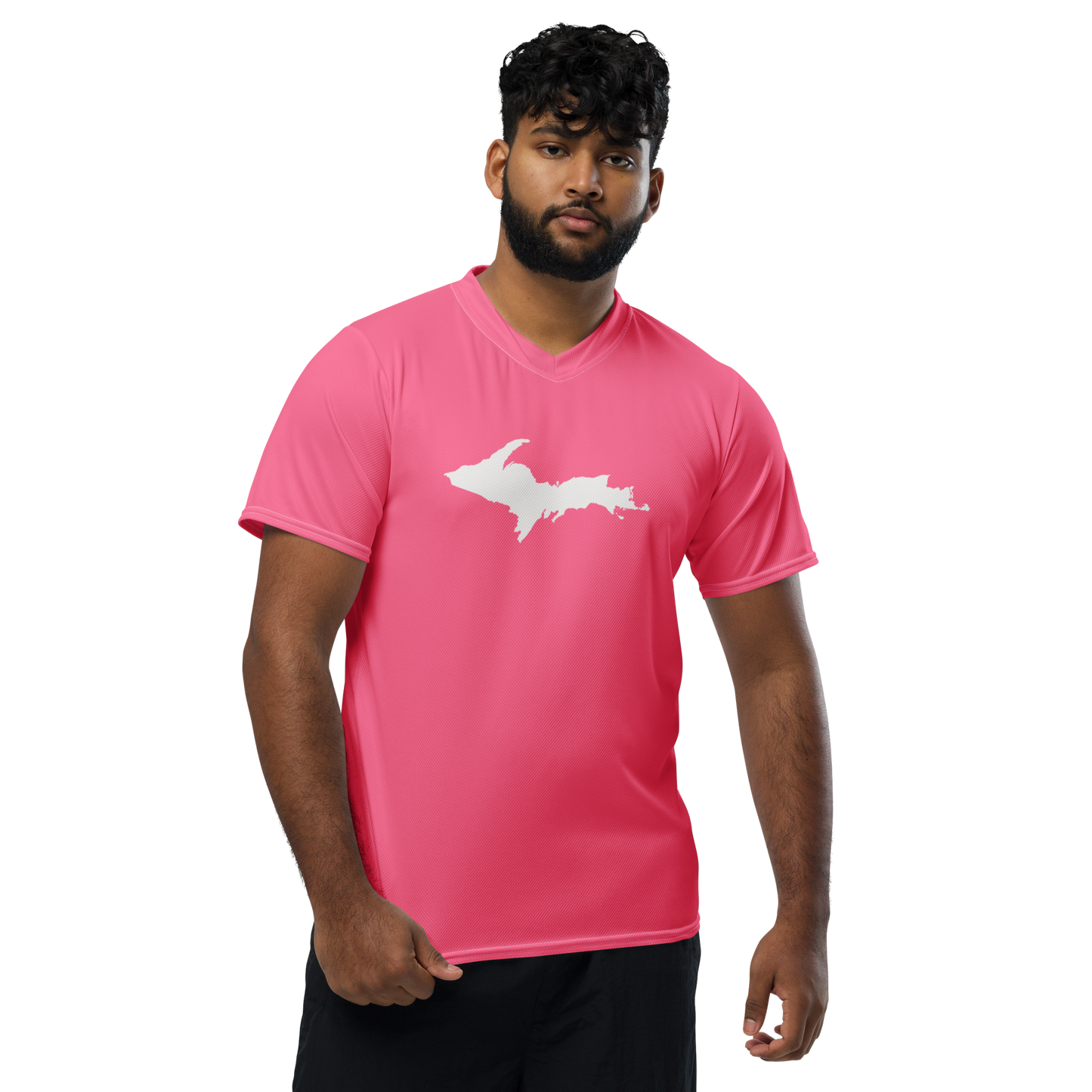 Michigan Upper Peninsula Soccer Jersey (w/ UP Outline) | Unisex - Rhodochrosite Pink