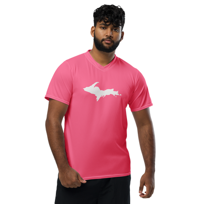 Michigan Upper Peninsula Soccer Jersey (w/ UP Outline) | Unisex - Rhodochrosite Pink