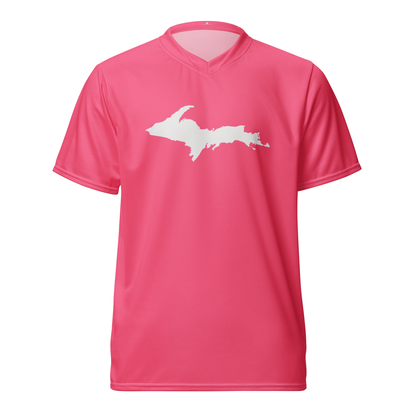 Michigan Upper Peninsula Soccer Jersey (w/ UP Outline) | Unisex - Rhodochrosite Pink