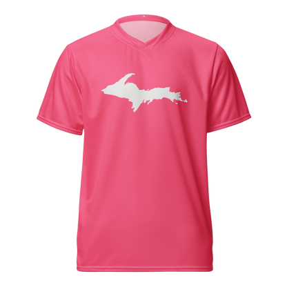 Michigan Upper Peninsula Soccer Jersey (w/ UP Outline) | Unisex - Rhodochrosite Pink