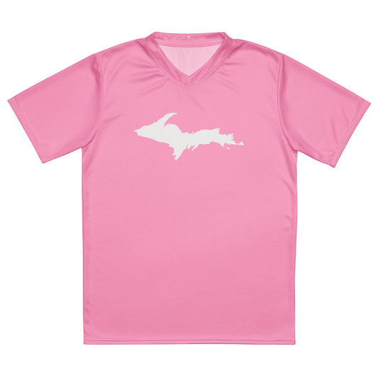 Michigan Upper Peninsula Soccer Jersey (w/ UP Outline) | Unisex - '67 Caddie Pink