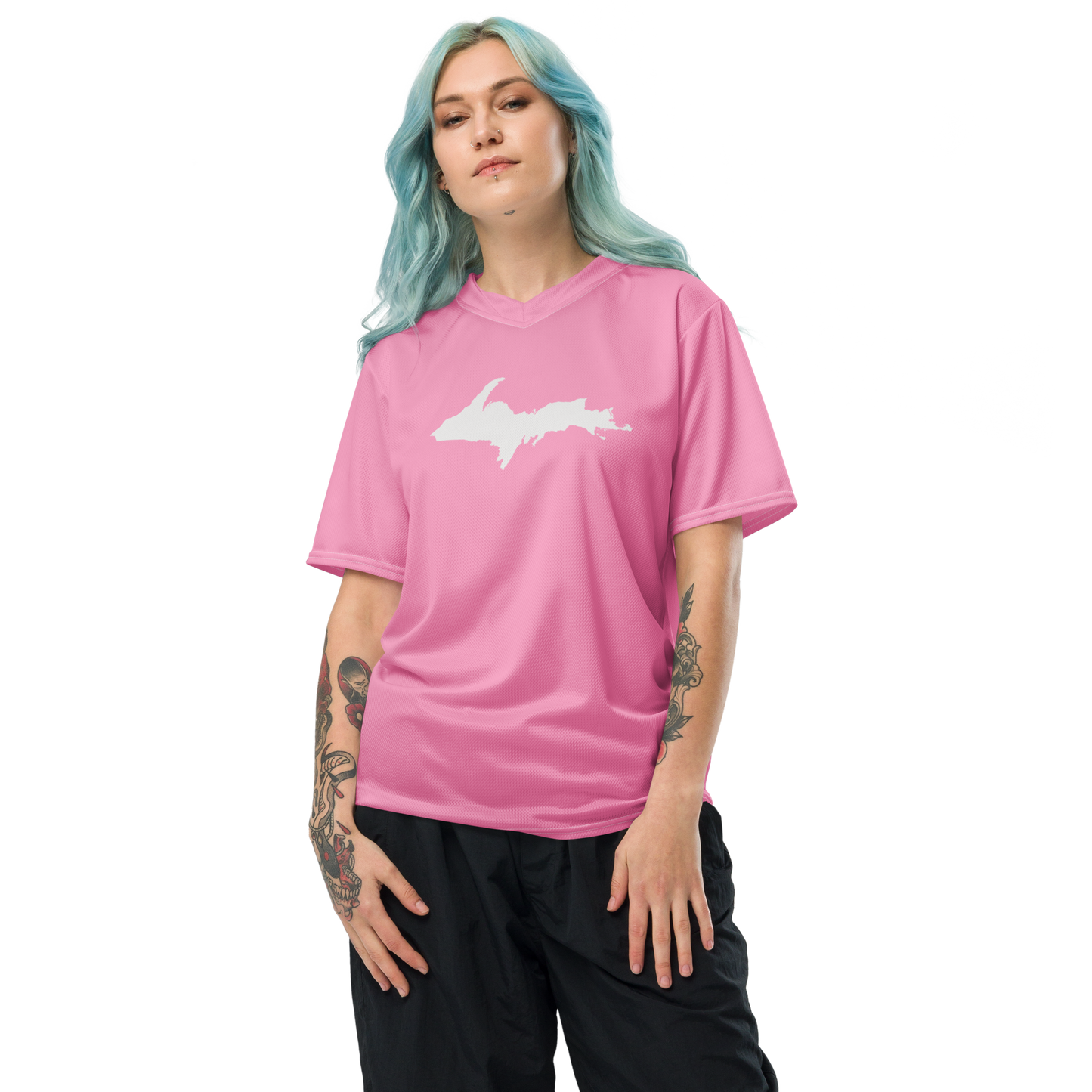 Michigan Upper Peninsula Soccer Jersey (w/ UP Outline) | Unisex - '67 Caddie Pink