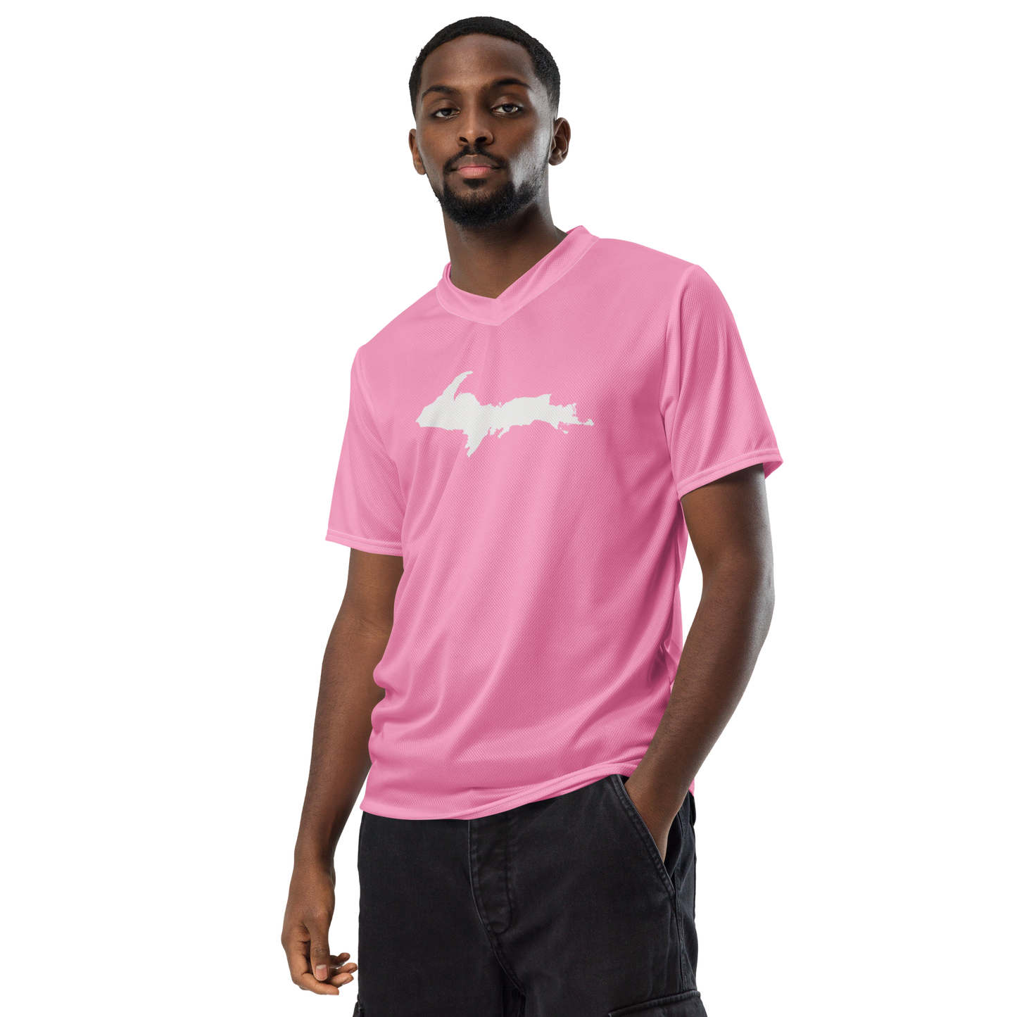 Michigan Upper Peninsula Soccer Jersey (w/ UP Outline) | Unisex - '67 Caddie Pink