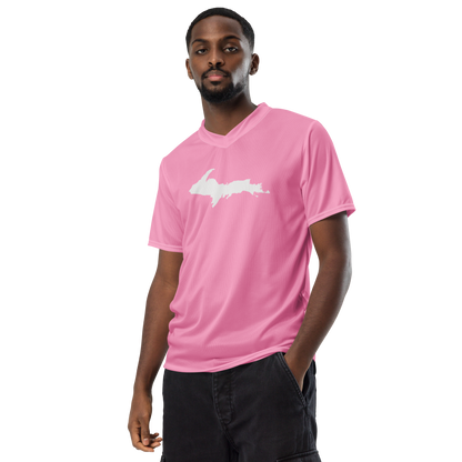 Michigan Upper Peninsula Soccer Jersey (w/ UP Outline) | Unisex - '67 Caddie Pink