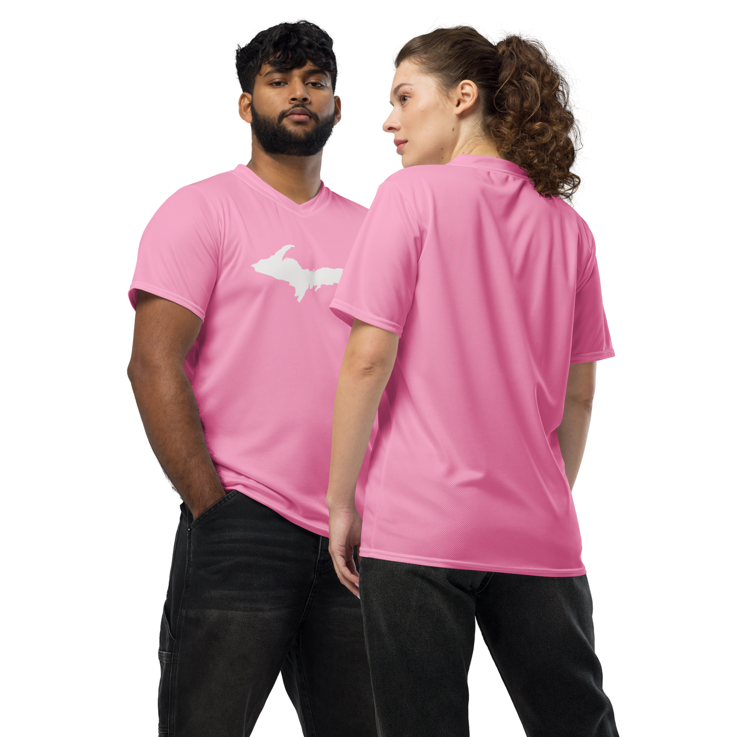 Michigan Upper Peninsula Soccer Jersey (w/ UP Outline) | Unisex - '67 Caddie Pink