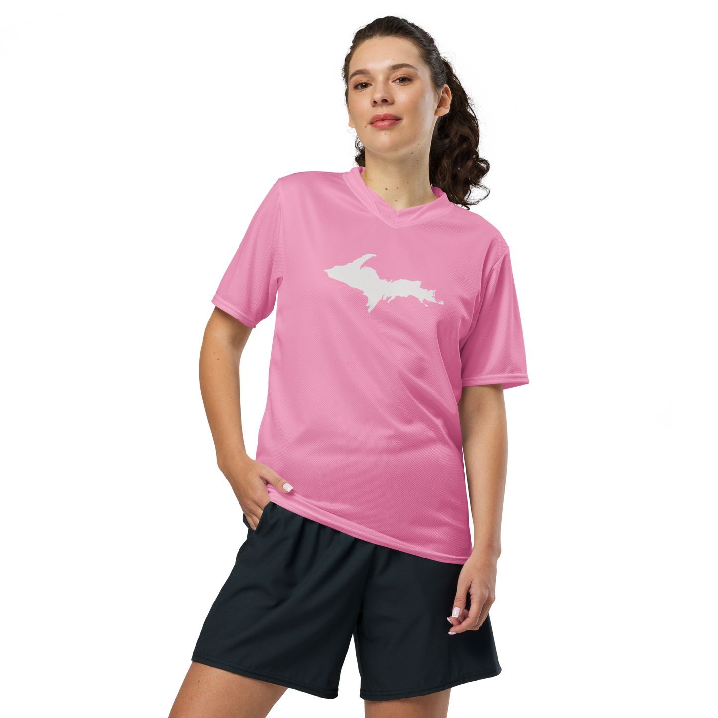 Michigan Upper Peninsula Soccer Jersey (w/ UP Outline) | Unisex - '67 Caddie Pink