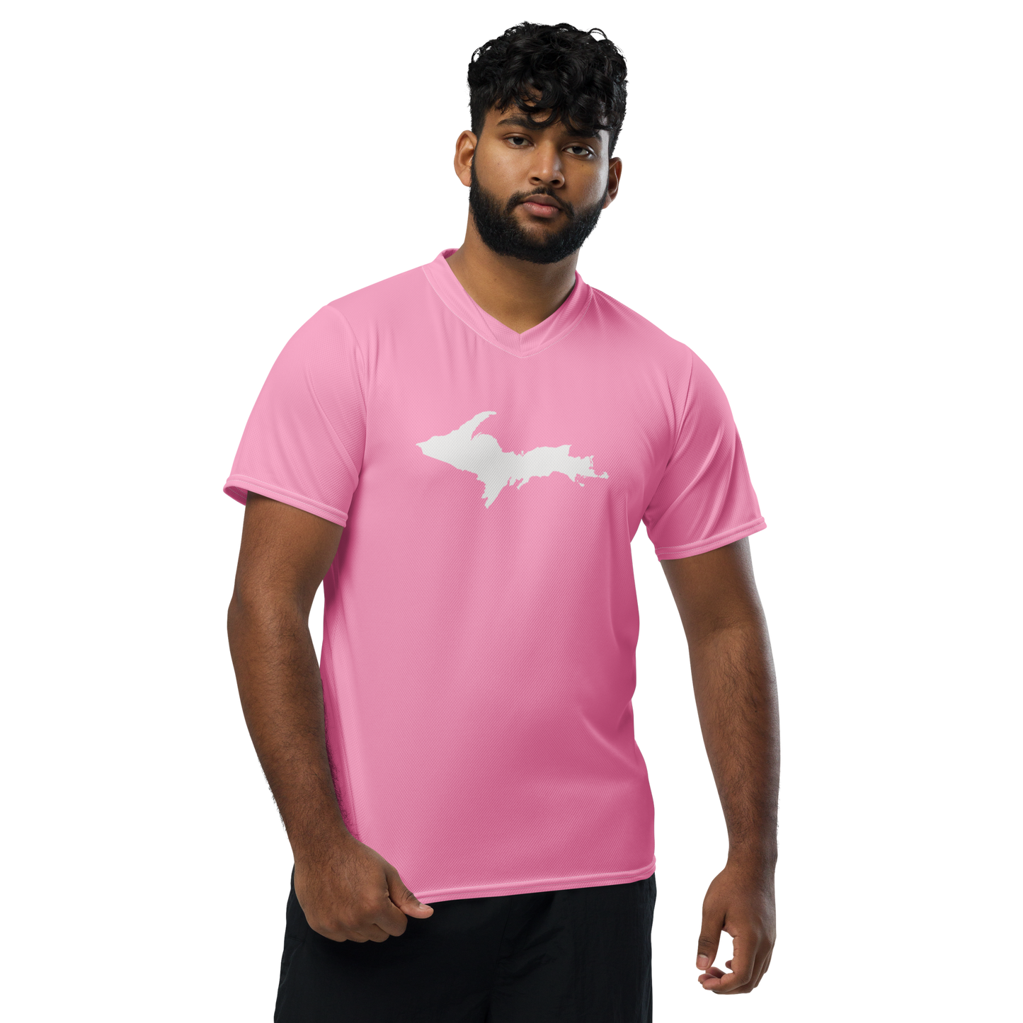 Michigan Upper Peninsula Soccer Jersey (w/ UP Outline) | Unisex - '67 Caddie Pink