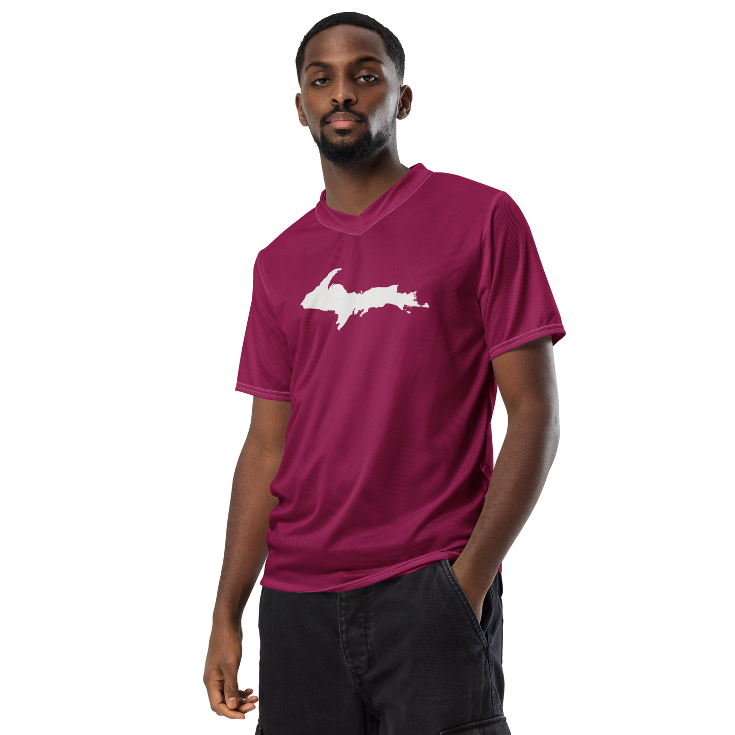 Michigan Upper Peninsula Soccer Jersey (w/ UP Outline) | Unisex - Ruby Red