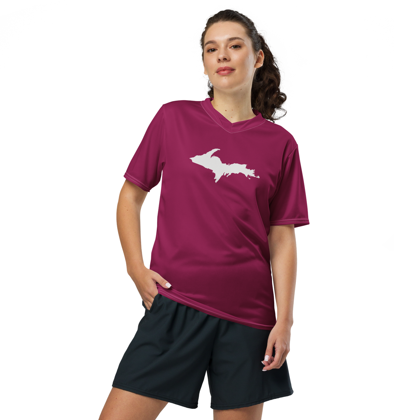 Michigan Upper Peninsula Soccer Jersey (w/ UP Outline) | Unisex - Ruby Red