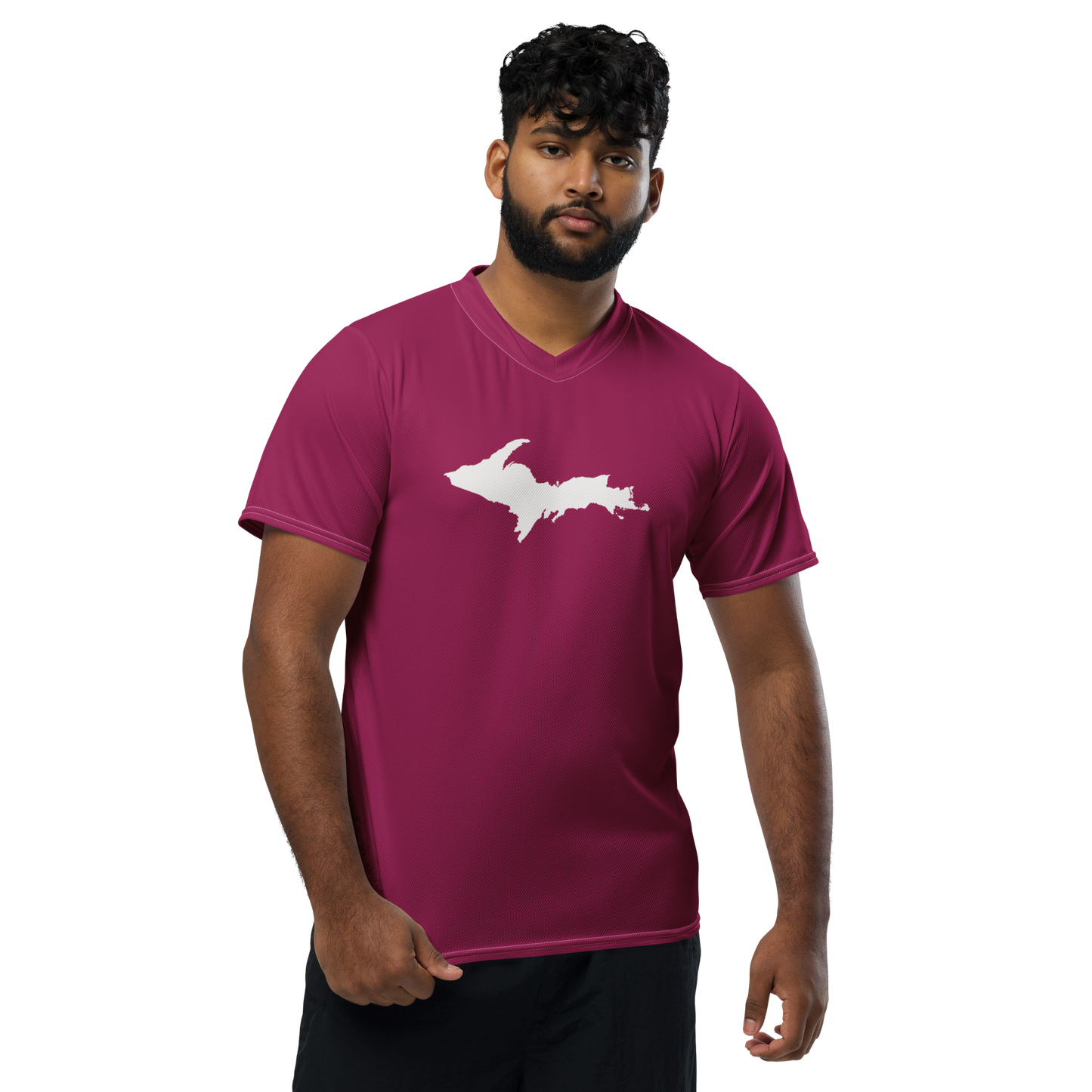 Michigan Upper Peninsula Soccer Jersey (w/ UP Outline) | Unisex - Ruby Red