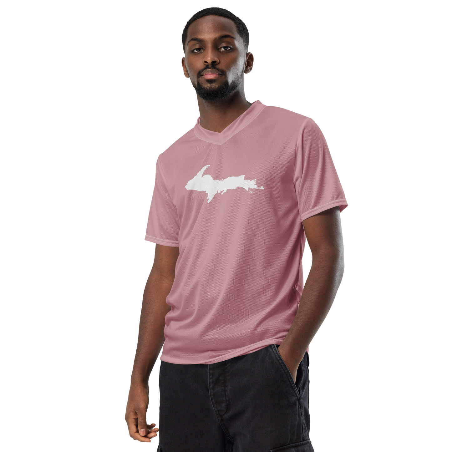 Michigan Upper Peninsula Soccer Jersey (w/ UP Outline) | Unisex - Cherry Blossom Pink