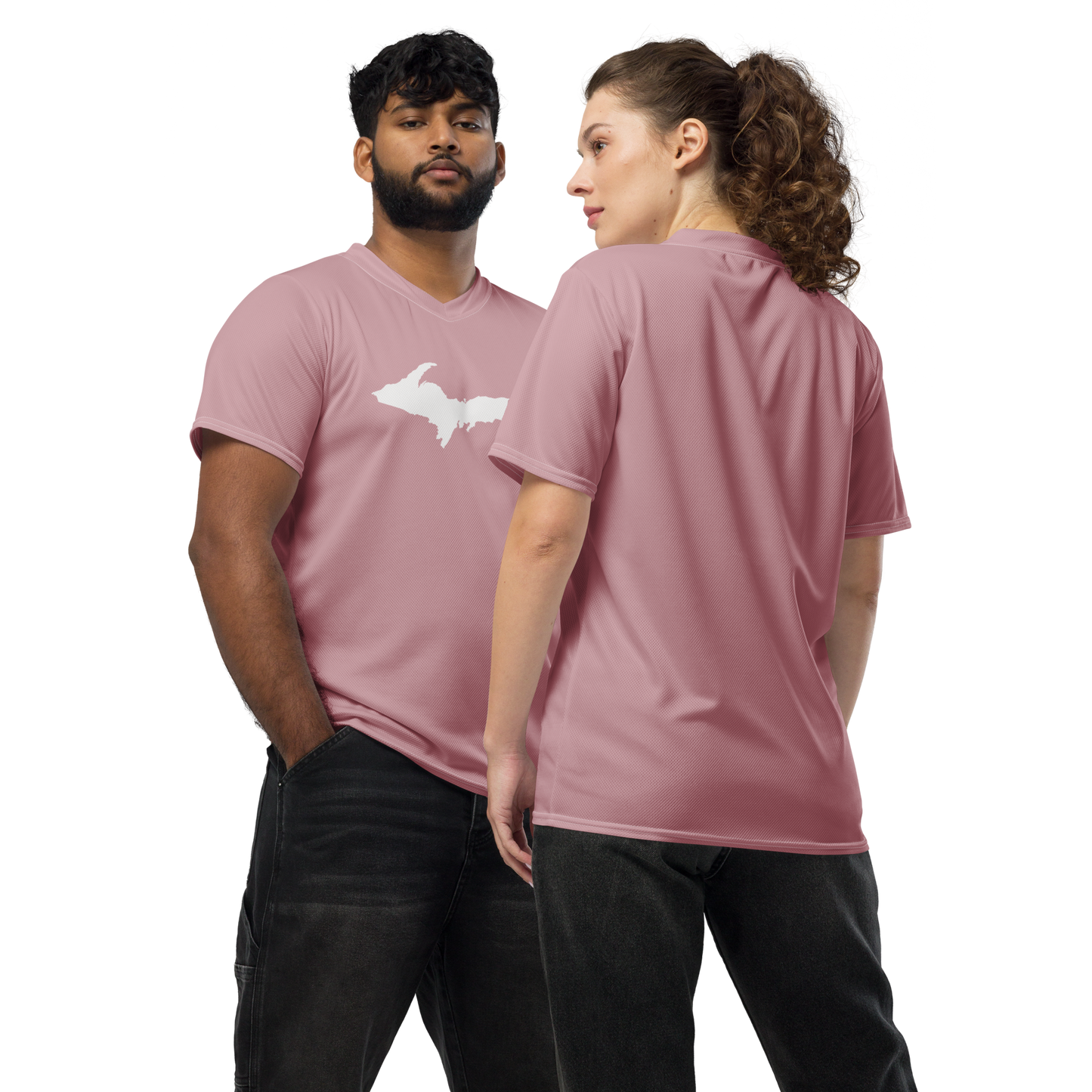 Michigan Upper Peninsula Soccer Jersey (w/ UP Outline) | Unisex - Cherry Blossom Pink