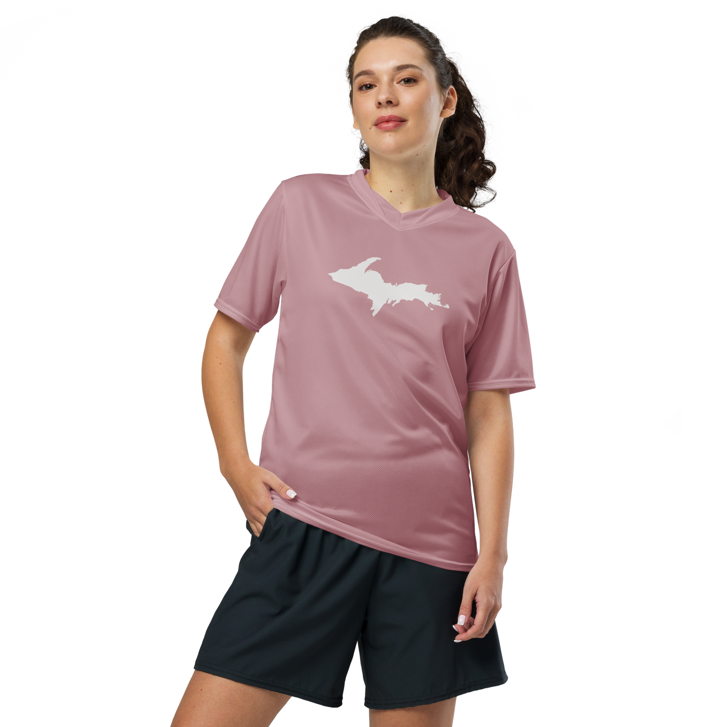 Michigan Upper Peninsula Soccer Jersey (w/ UP Outline) | Unisex - Cherry Blossom Pink