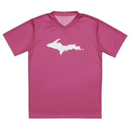 Michigan Upper Peninsula Soccer Jersey (w/ UP Outline) | Unisex - Apple Blossom Pink