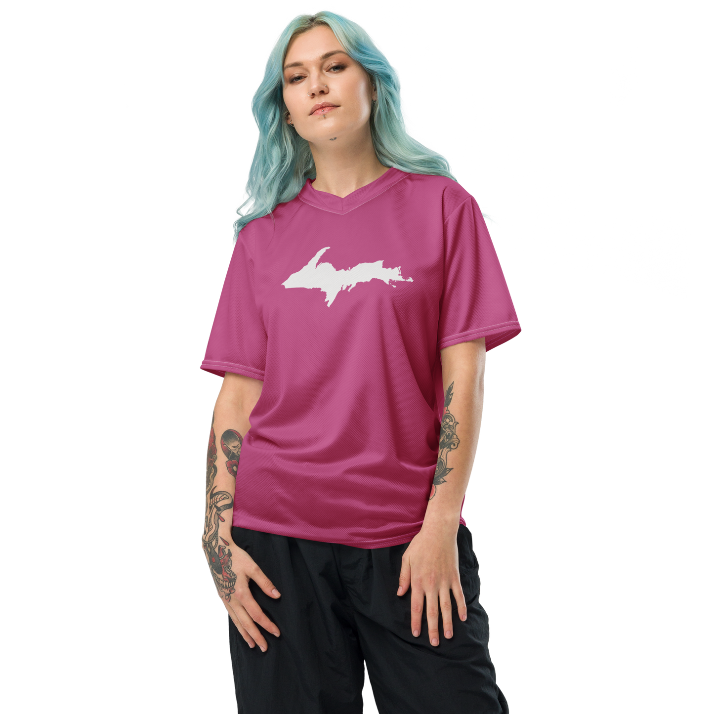 Michigan Upper Peninsula Soccer Jersey (w/ UP Outline) | Unisex - Apple Blossom Pink