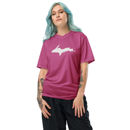 Michigan Upper Peninsula Soccer Jersey (w/ UP Outline) | Unisex - Apple Blossom Pink