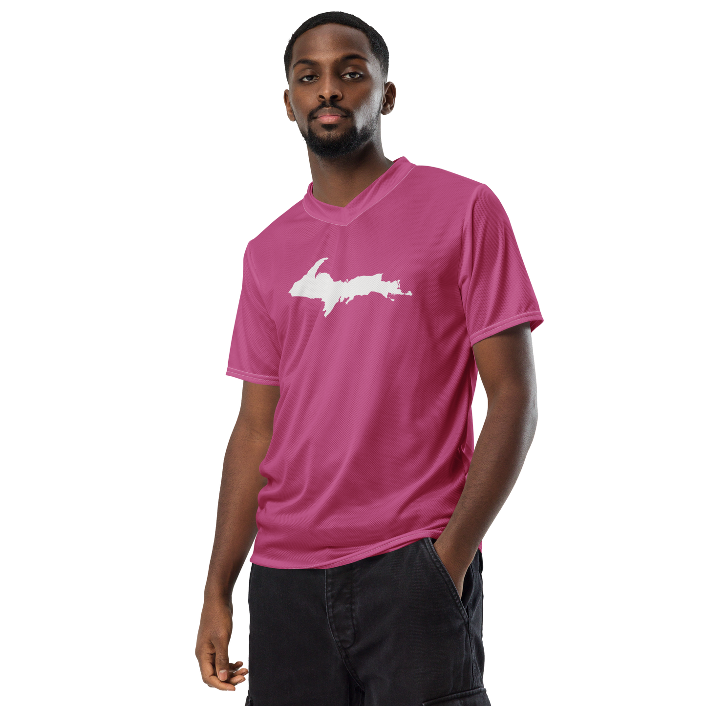 Michigan Upper Peninsula Soccer Jersey (w/ UP Outline) | Unisex - Apple Blossom Pink