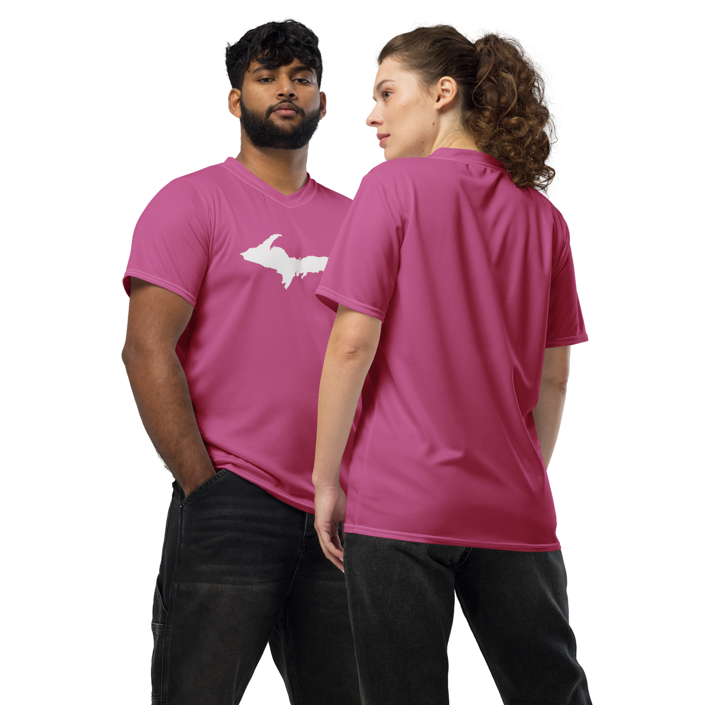 Michigan Upper Peninsula Soccer Jersey (w/ UP Outline) | Unisex - Apple Blossom Pink