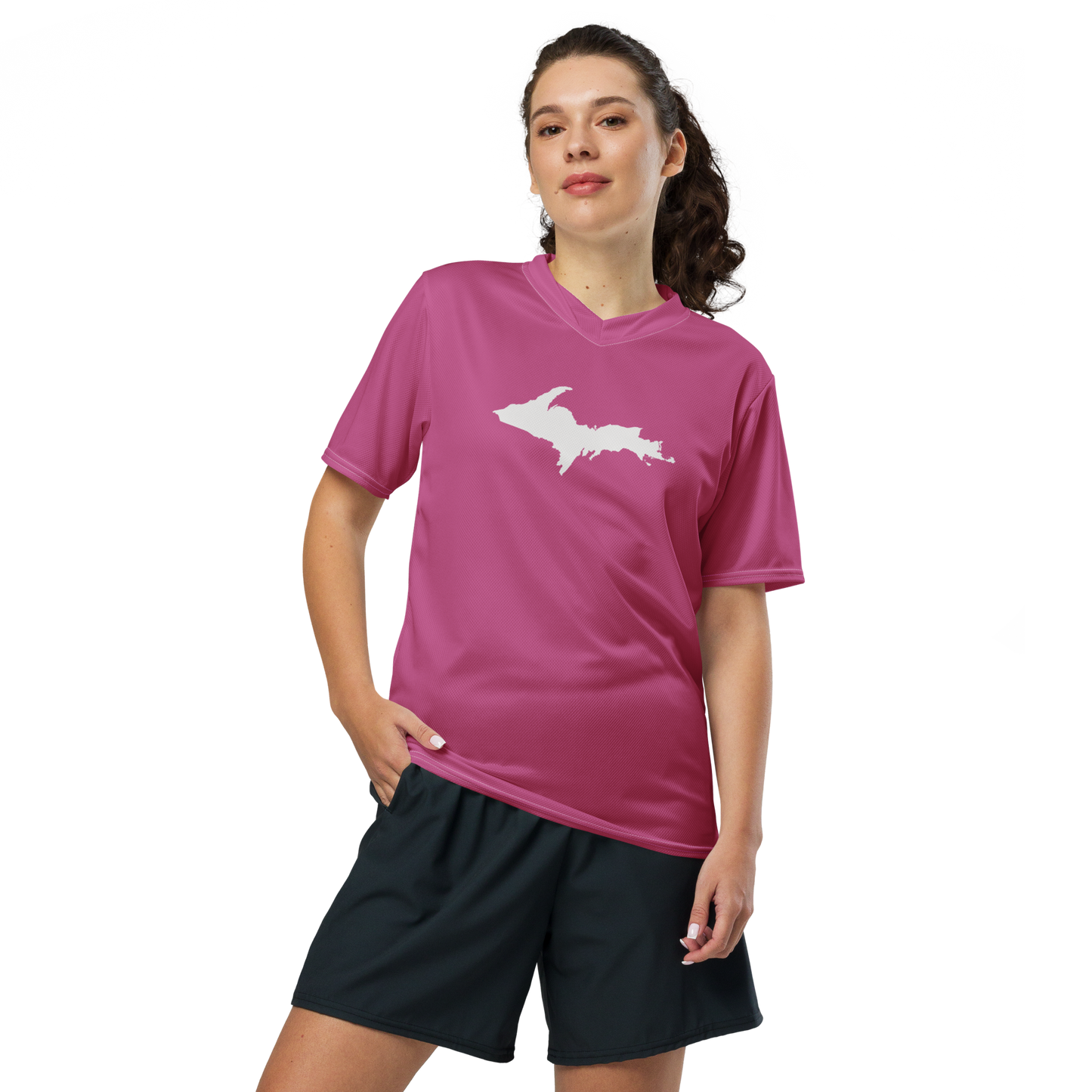 Michigan Upper Peninsula Soccer Jersey (w/ UP Outline) | Unisex - Apple Blossom Pink