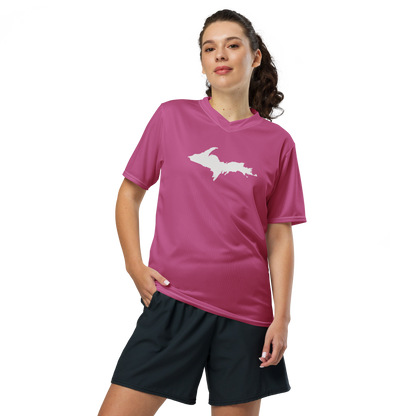 Michigan Upper Peninsula Soccer Jersey (w/ UP Outline) | Unisex - Apple Blossom Pink