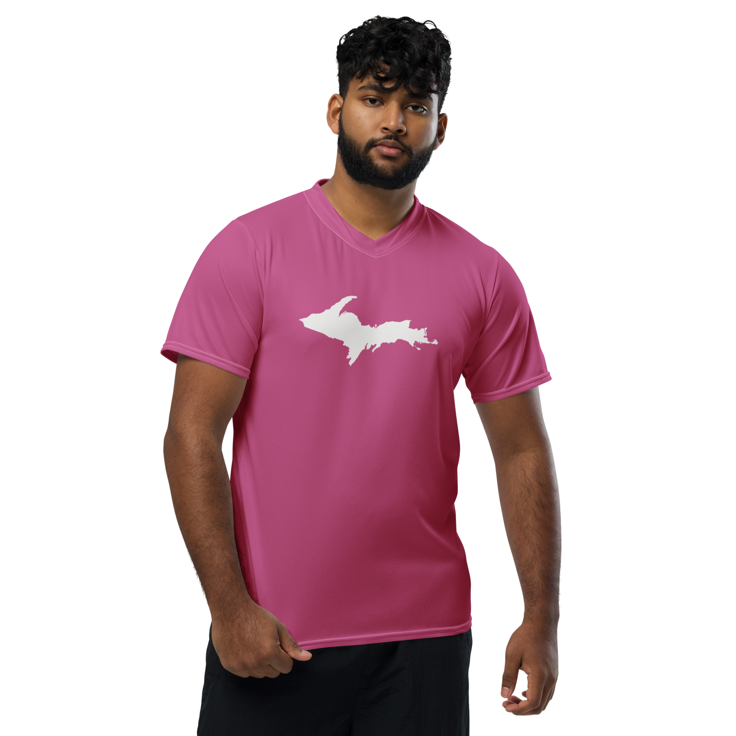 Michigan Upper Peninsula Soccer Jersey (w/ UP Outline) | Unisex - Apple Blossom Pink