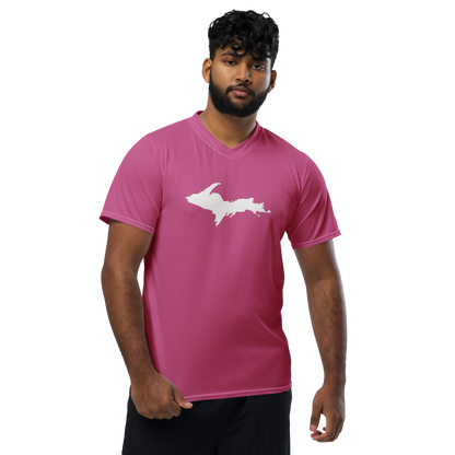 Michigan Upper Peninsula Soccer Jersey (w/ UP Outline) | Unisex - Apple Blossom Pink