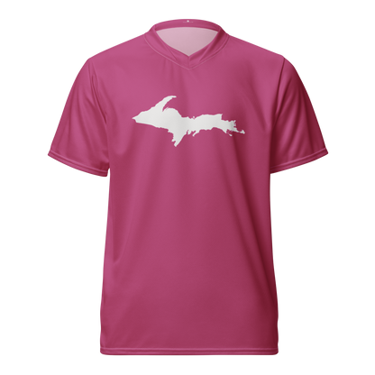 Michigan Upper Peninsula Soccer Jersey (w/ UP Outline) | Unisex - Apple Blossom Pink