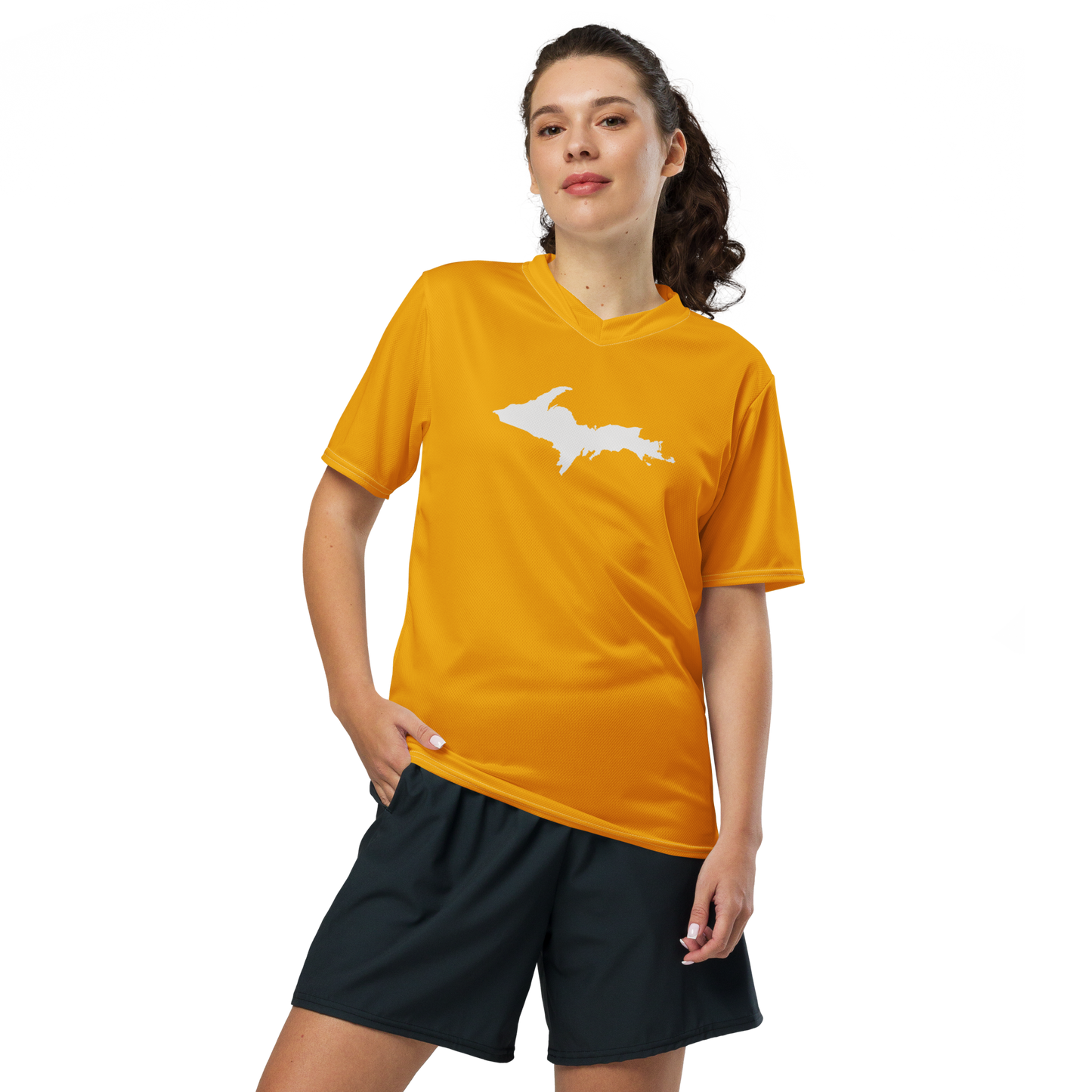 Michigan Upper Peninsula Soccer Jersey (w/ UP Outline) | Unisex - Birch Bark Orange