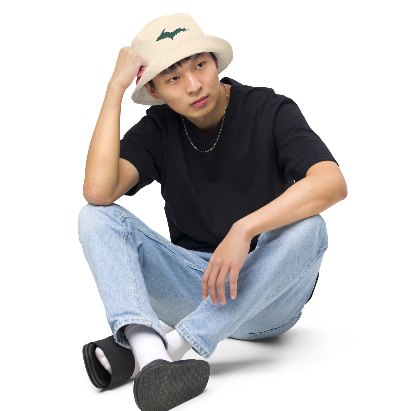 Michigan Upper Peninsula Bucket Hat (w/ Green UP Outline) | Reversible - Champagne White