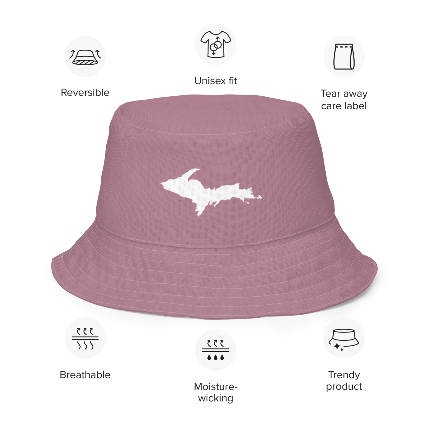 Michigan Upper Peninsula Bucket Hat (w/ UP Outline) | Reversible - Cherry Blossom Pink