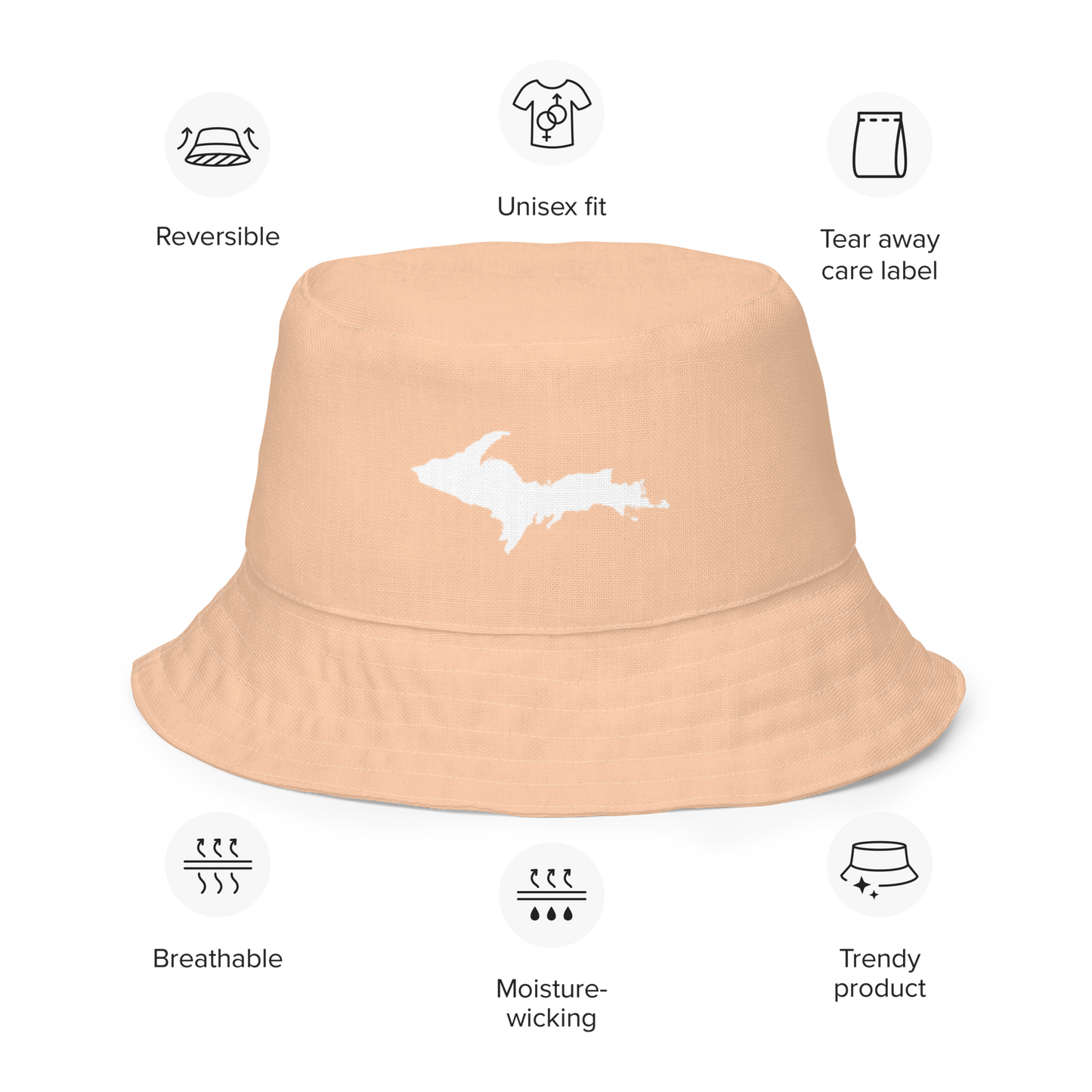 Michigan Upper Peninsula Bucket Hat (w/ UP Outline) | Reversible - Peach Color