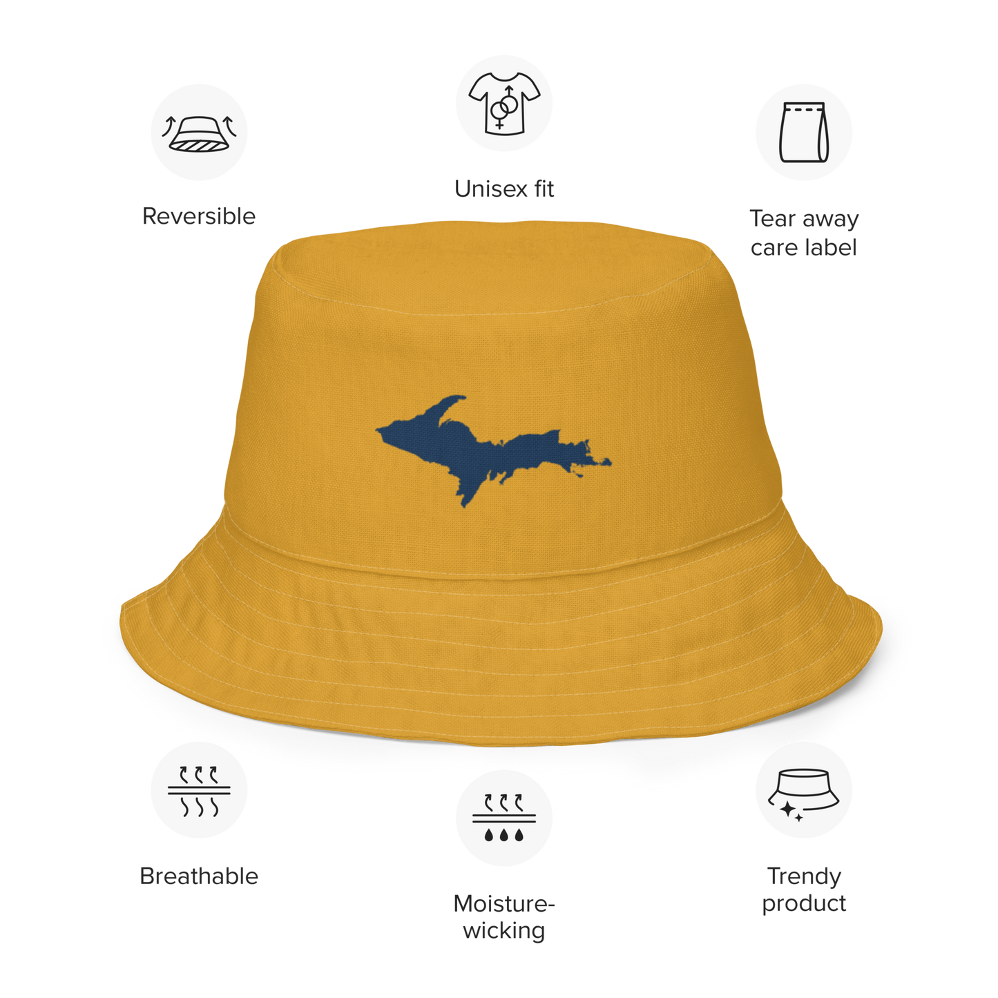 Michigan Upper Peninsula Bucket Hat (w/ Navy UP Outline) | Reversible - Gold